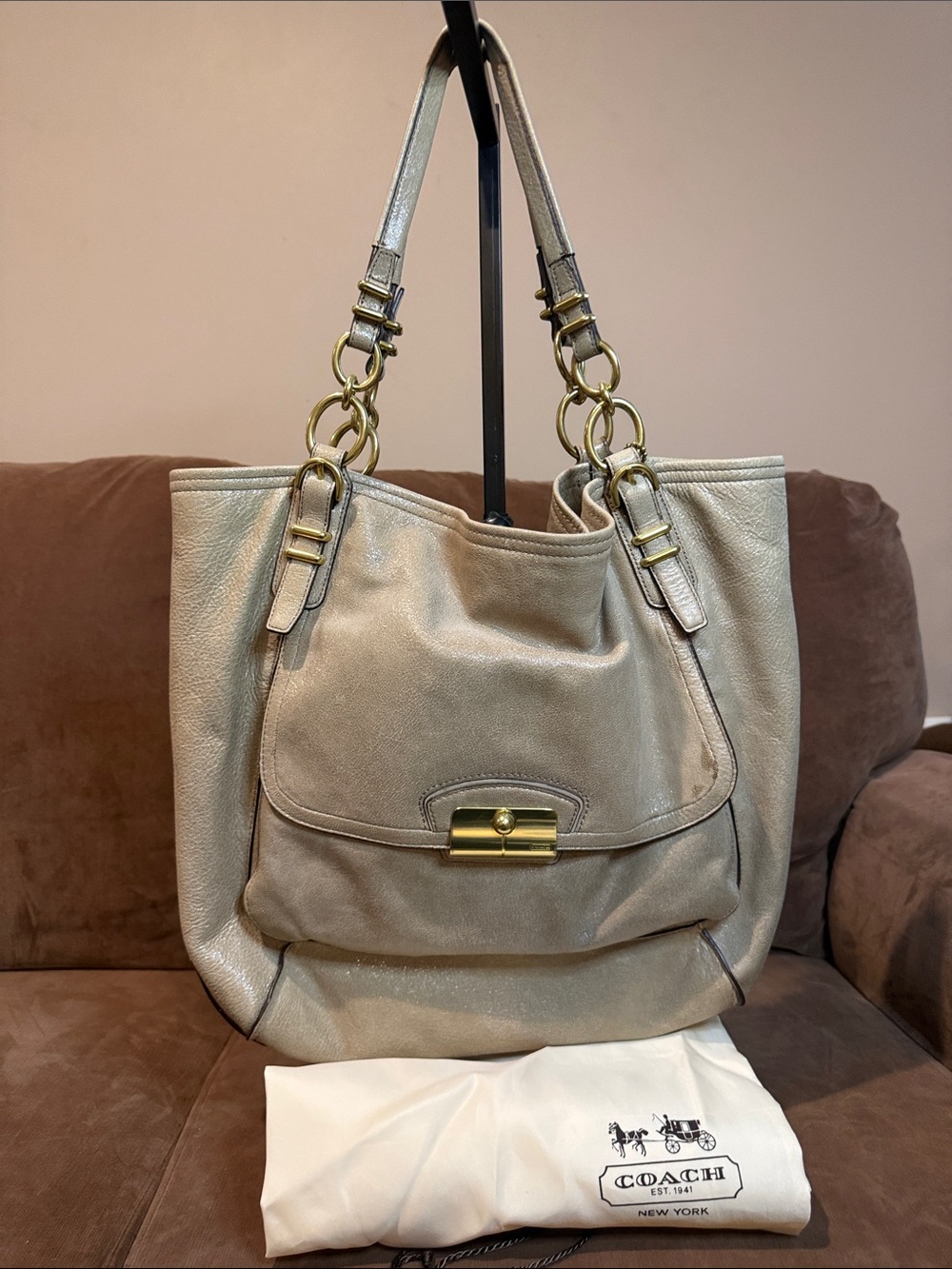 Coach Metallic Champagne Leather Shoulder Tote with Gold Hardware